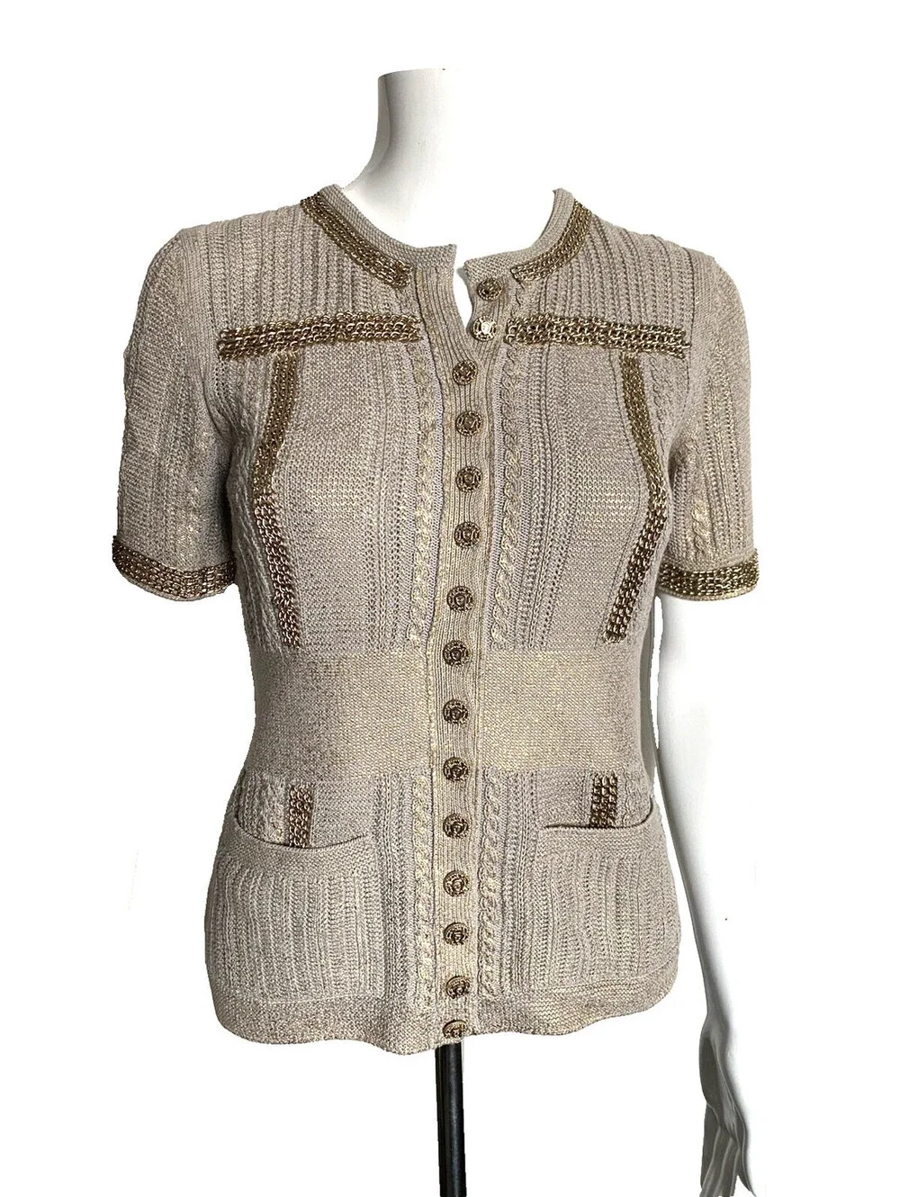 08P CHANEL FR-36 Metallic Knit Short-Sleeve Cardigan Top Gold Chain Trim Pockets